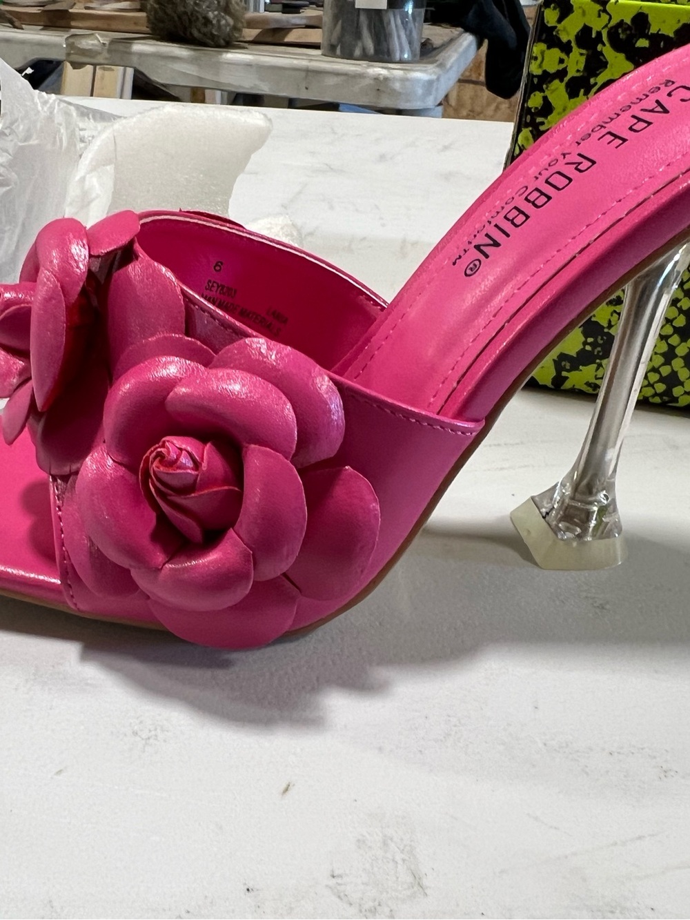 Cape Robbin Hot Pink Floral Slide Heel with Clear Lucite Heel